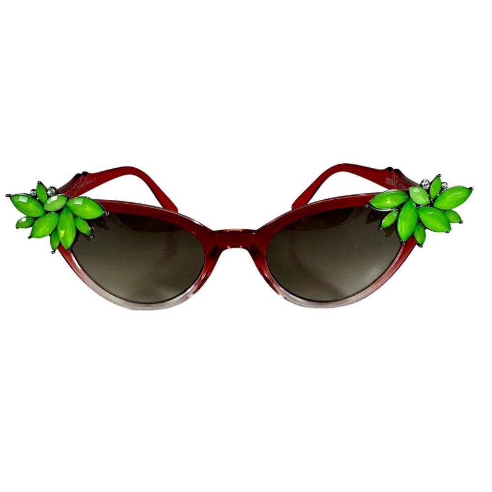 Vintage Vixen Rhinestone hand embellished sunglasses red ombre with green rhines